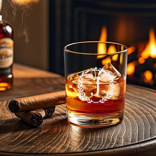 Image of Fathers Day Gift for Dad Husband Grandpa, Personalized Whiskey Glasses Gifts for Men, Custom Engraved A-Z Bourbon Rocks Glass, Unique Birthday Gifts for Men Him from Daughter Son Wife,10.6 oz (J)