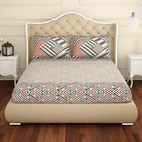 Image of Spaces Atrium 144 TC 100% Cotton King Size Fitted Double Bedsheet with 2 Pillow Covers (Geometric, 72 inch X 78 inch Inches ) - Beige (ATR-09-AW19)