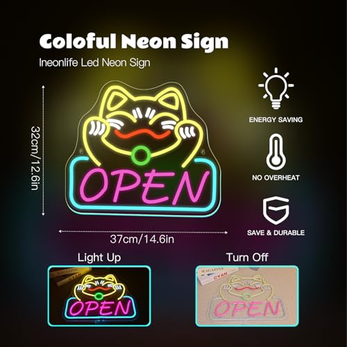 Image of ineonlife Lucky Cat Open Neon Sign Cute Cat Neon Signs for Wall Decor Led Light for Used In Restaurants Ramen Shops Izakaya Sushi Restaurants Shop Decorations Business Opening Gift