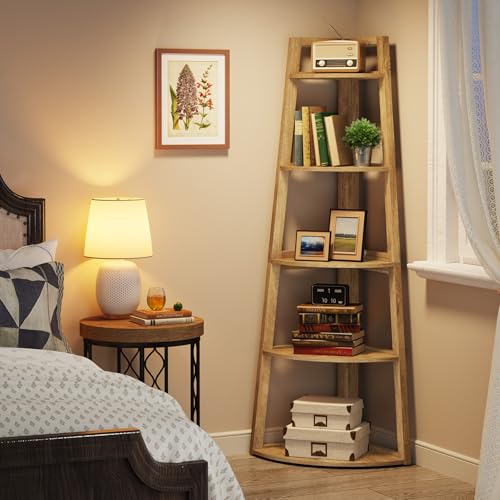 Image of Tribesigns 70 inch Tall Corner Shelf, 5 Tier Modern Corner Bookshelf Bookcase Industrial Corner Ladder Shelf Plant Stand for Living Room, Kitchen, Home Office (Light Brown)