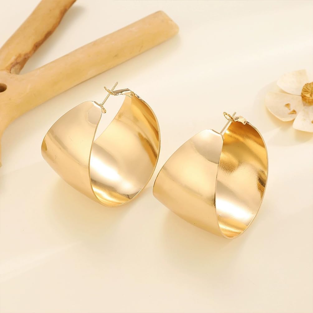 Chunky Gold Wide Hollow Round Circle Hoop Earrings for Women, Statement Large Silver Polished Earring Non Tarnish Retro Party Costume Jewelry Accessories - Image 7