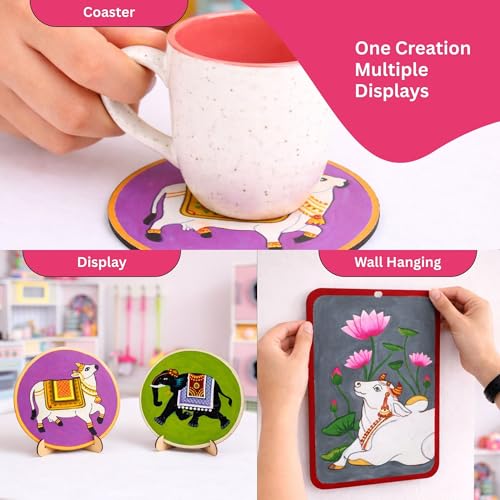 Image of Kores Pichwai Art Kit for Kids (Age 5+) | DIY MDF Painting Kit with Acrylic Colours, Coasters, Hangers, Brushes & Palette | Indian Traditional Art & Craft Set