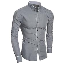 قميص Oulsen رجالي أنيق بأكمام طويلة وياقة واقفة وزر للمكتب بلوزة رسمية سوداء وأبيض بلون موحد ونحيف X Large رمادي Amazon Ae