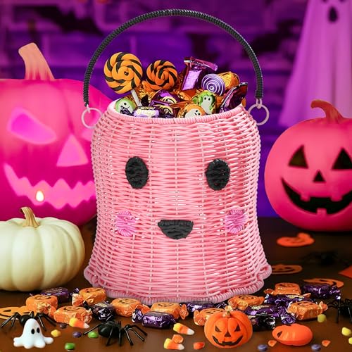 Handmade Ghost-Shaped Storage Basket Cute Plush Cotton Rope Decorative Bin for Toys Laundry Blankets or Books Soft Portable Woven Tote for Baby Nursery Living Room or Easter Gift Baskets (Pink)