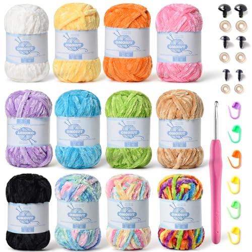 Image of 12 Pack 590 (yd) Chunky Chenille Yarn for Crocheting and Hand Knitting with Black Red White Green Yellow Rainbow Plush Velvet Yarn，Baby Blanket Yarn for Crocheting Soft Amigurumi Yarn