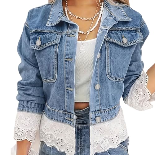 oversized denim jacket for women long sleeved lace trimmed casual fashion womens jean jacket lace Fall Outfits 2025