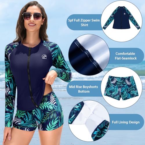Holipick 2 Piece Rash Guard for Women - Long Sleeve Swimsuit with Shorts UPF 50+ Zipper Swim Shirt3
