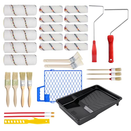 Dibaful Set di colori per pittura da parete, set di pennelli da pittore, rullo per pittore, rullo di vernice, piccolo pennello | Set per pittura con vaschetta colorata, accessori per pittura, pittura