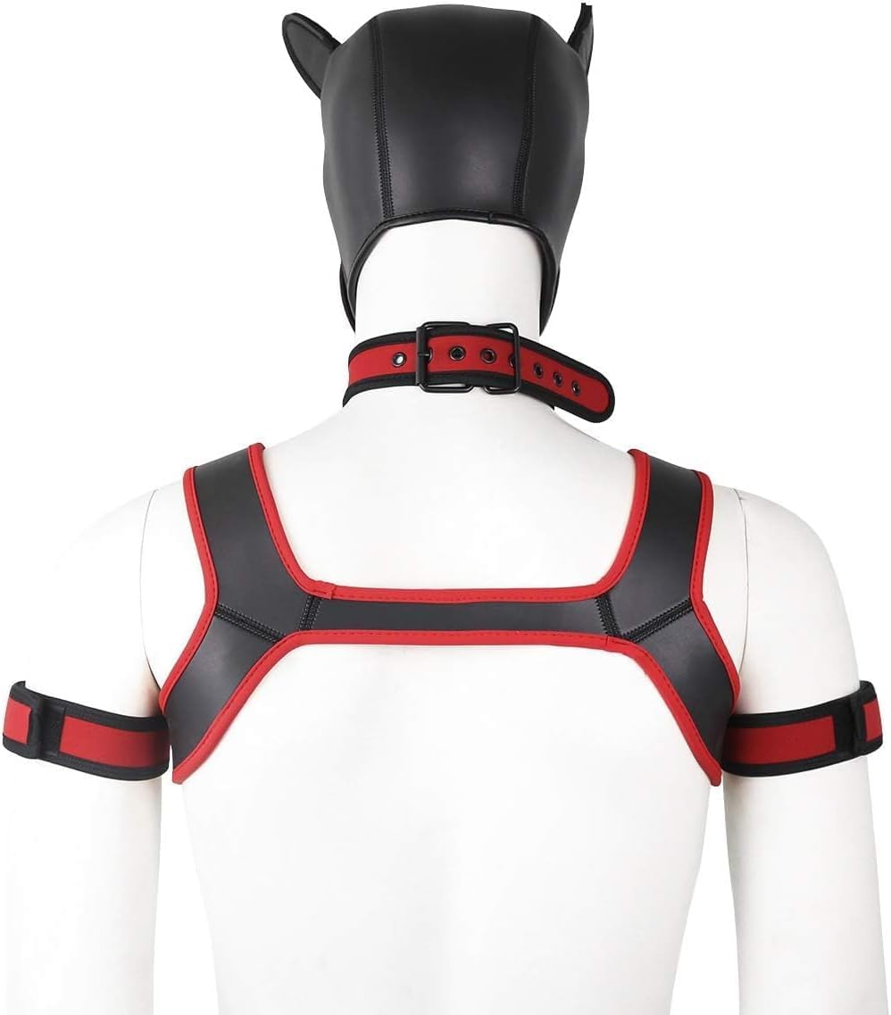 Adults Neoprene Puppy Hood Custom Animal Head Mask Novelty Costume Dog Hood Mask,Collar,Armband and Harness Set (Red)