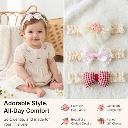 Image of SNOWIE SOFT 3-Piece Baby Girl Lace Headband Set with Tulle Flower, Pink Satin Bow & Red Gingham Bow Soft Stretch Elastic Hair Accessories for Newborns & Toddlers, Photo Props, Parties & Everyday