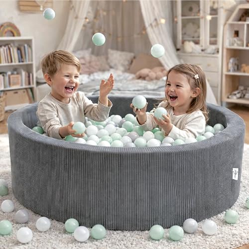 LittleStar® - Bällebad | 250 Bälle, ⌀ 6cm - perfekt greifbar | schadstofffrei | Rutschfester Boden | Kinder | Kleinkinder | Babys | ab 10 Monaten (rosa-grau-weiß, 90x30cm rund, Bällebad grau meliert)