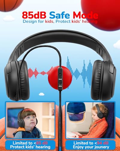 Image of awatrue Kids Headphones for School Travel, 85 /94dB Safe Volume Limit, 3.5mm Jack, HD Mic, Portable Wired Headphone with Shareport, Stereo Sound On-Ear Headphones for Toddler Kids Girls Boys Black
