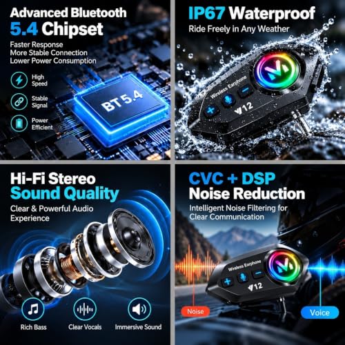 Image of Y12 Bluetooth Motorcycle Helmet Headset, Hands-Free HD Calling, HiFi Music, GPS Voice, FM Radio, Voice Assistant, IP67 Waterproof, Android & iOS, Fits Full-Face, Universal Helmet Compatibility