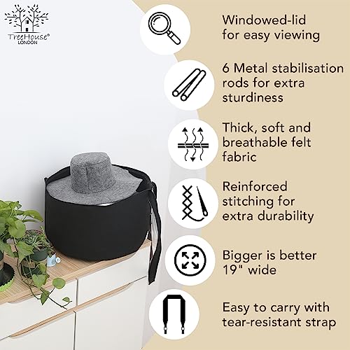 Treehouse London Felt Hat Storage Box | Large 19"D Collapsible Hat Holder Organizer With Dust-Proof Lid | Multipurpose, Sturdy, Thick, Stackable | Lined With Metal Frame (19"D X 11.5''H) | Black (Xxl) #TOP1