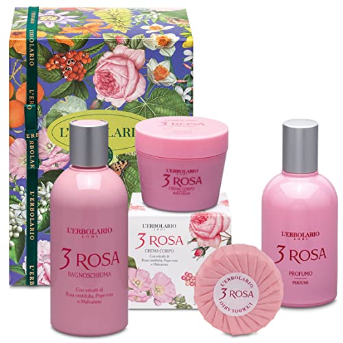 L' Erbolario - 3 ROSA - Confezione Regalo in Scatola Originale (Bagnoschiuma 250ml, Crema Corpo 200ml, Profumo 50ml,Sapone 100gr)