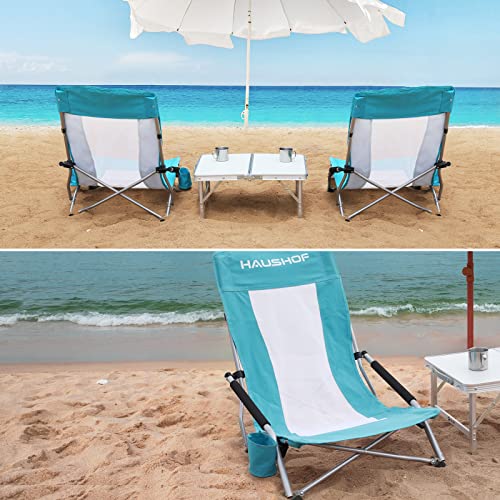 Haushof High Back Beach Chair, Mesh Back Folding Chair, Lightweight Low Seat Camping Chairs With Cup Holder, Carry Bag, Padded Armrest For Outdoor Beach Lawn Camping Picnic Festival #TOP7