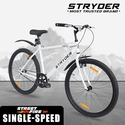 Image of Stryder 26T Street Fire SS (Single Speed) Mountain Cycle - V Brakes| Rigid Suspension| Durable Frame| Adjustable Seat for Ages 12+ (Unisex) (White)