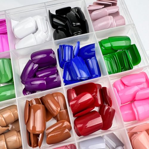 Image of 576Pcs Square Press on Nails Glossy Fake Nails Short False Nails Pure Color Glue on Nails Reusable Artificial Acrylic Nail Solid Color Full Cover Stick on Nails for Women Manicure 12 Color