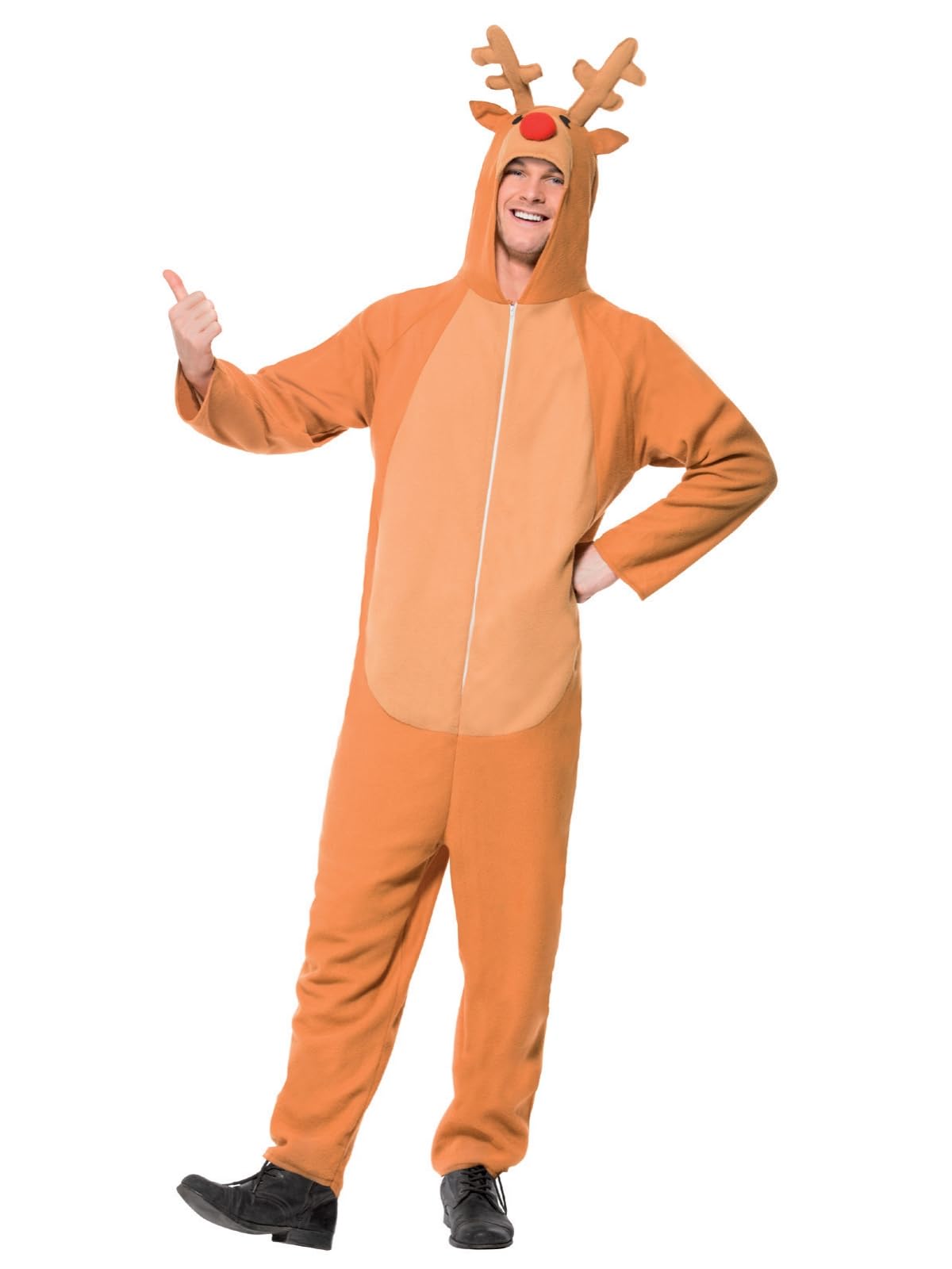 Smiffys Reindeer Costume for Adults, Brown Christmas Fancy Dress Bodysuit with Hood, Antlers and Red Nose, Festive Rudolph and Santa’s Sleigh Reindeer Onesie for Men and Women Holiday Parties Medium