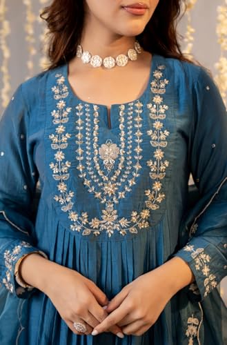 Image of Women Chanderi Silk Embroidered Kurta Pant Dupatta Set | Ethnic Wear | 2.25m Dupatta | S-XXL | Green & Teal Blue