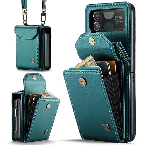 ASAPDOS Crossbody Case Compatible with Samsung Galaxy Z Flip 4,Retro PU Leather Strap Wristlet Flip Case with Magnetic Closure and Card Holder for Men Women Blue Green