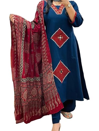 Image of BHARVITA Women's Rayon Handwork Embroidered and Printed Straight Kurta with Pant And Dupatta Sets