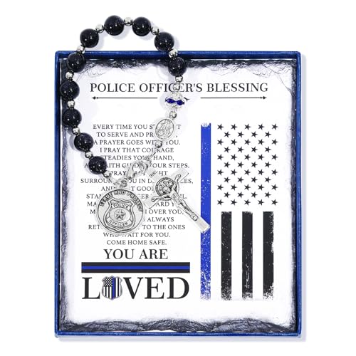 St. Michael Police Pocket Rosary Chaplet - Blue Sandstone Prayer Beads with Badge Charm -...