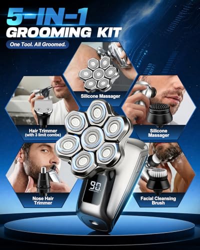 Image of Head Shaver for Bald Men, 7D Floating Head Electric Razor, IPX7 Waterproof Wet & Dry Bald Shaver with Magnetic Detachable Blade, Type-C Fast Charging LED Display, Gift for Men Father's Day