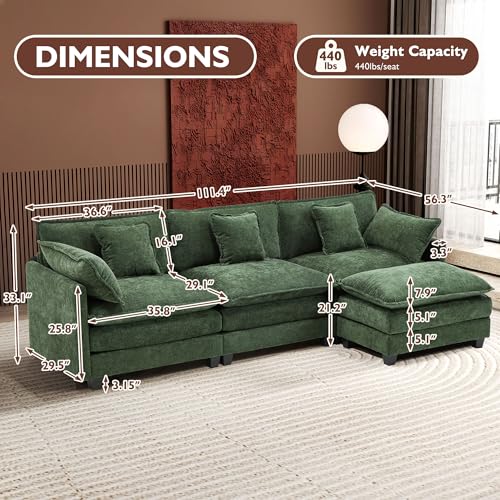 Image of Ihanherry 111.4 inch L Shaped Modern Sofa Modular Sectional Cloud Couch with Ottoman, 4-Seat Chenille Deep Seat Sofa with Pillow for Living Room, Bedroom and Apartment, Green