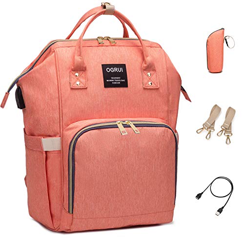 Zaino Mamma neonato Fasciatoio, Multifunzione Bambino Borsa Nappy Stoffa Zaino Grande Capacità Viaggiare con 3 tasche isolanti bottiglia Zaino per Mamma Papà (Arancione)
