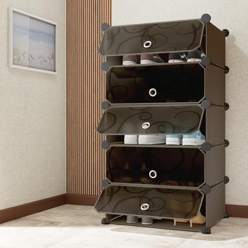 Image of AYSIS DIY Multi-Purpose Plastic Shoe Stand Rack Box Organizer with Door, Storage for Chappal, Slipper, Sandals, for Home & Entryway, Black, 5-Shelf-5-Door