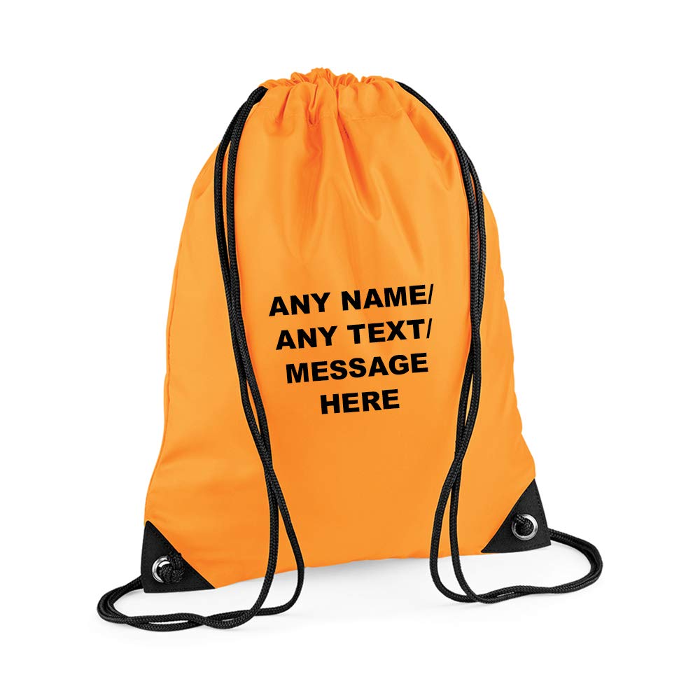 Getagift Personalised with your Own Any Name/Message/Text Premium Drawstring Bag, PE Gym Kit School, Swimming, Birthday/Secret Santa, PE Kids Sport Rucksack. (Fluorescent Orange)