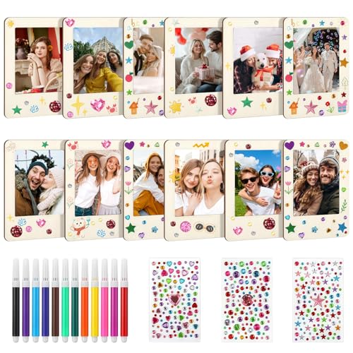 Zamety 12 Pièces Cadre Photo Magnetique en Bois à Peindre, Cadre Magnetique Set DIY avec 12 Pinceaux Aquarelle et 3 Sortes de Stickers Pierres Brillantes,...