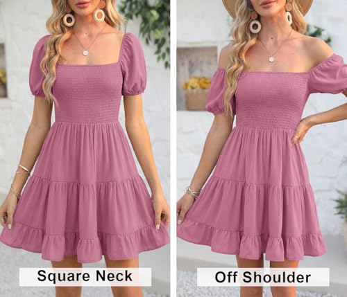 Image of Veatzaer Women's Puff Sleeve Square Neck Smocked Babydoll Dress Boho Floral Print Off Shoulder Ruffle Mini Short Dress