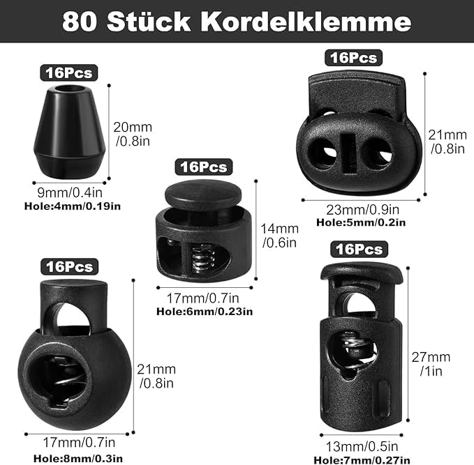 REJOECE 80 db Fekete Zsinórzár Készlet - 5/8 mm Cipőfűző Rögzítő, Kétutas Zsineglezáró Kabátokhoz, Sportruházathoz, Hátizsákokhoz, 4m Rugalm