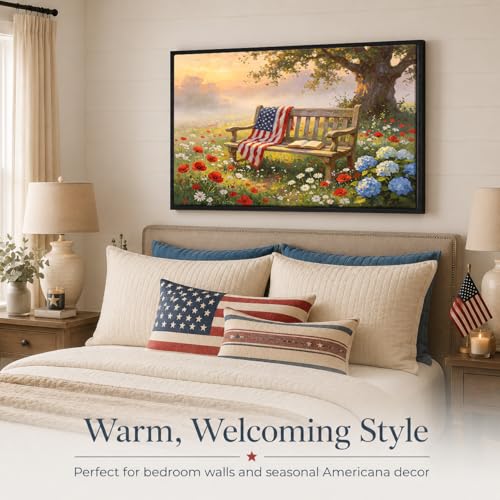 Image of American Flag Framed Canvas Wall Art, 4th of July Floral Canvas Prints, Wildflower Landscape Patriotic Decorations, Vintage Rustic Independence Day Wall Decor for Bedroom Living Room Office 11x14