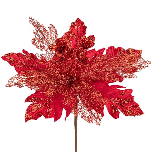 Arborus Lot de 6 fleurs artificielles de poinsettia à paillettes de Noël 29 cm Fleurs artificielles de poinsettia rouges pour décoration de sapin de Noël Décoration de Noël pour guirlande de Noël et