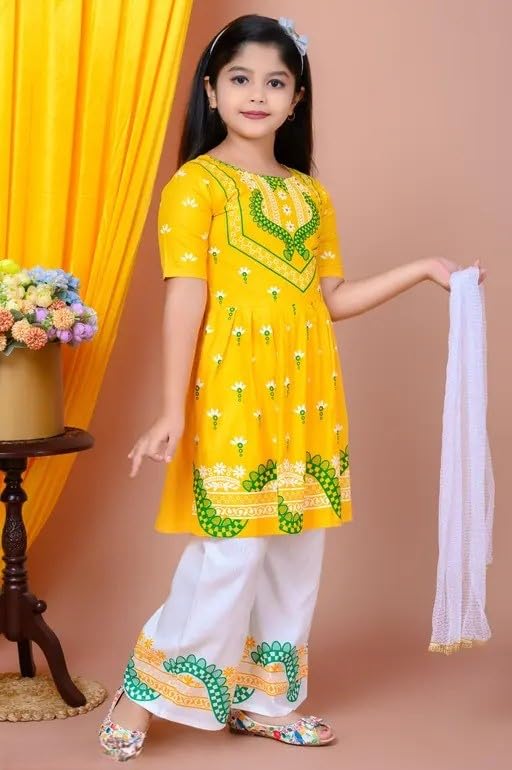 Image of Girls' Traditional Printed Kurti with Palazzo and Dupatta Set, Pink and White, Floral Design