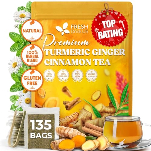 Image of FreshDrinkUS, Premium Turmeric Ginger Cinnamon Tea Bags | 135 Tea Bags | Herbal Spice Tea Blend, Naturally Caffeine Free, Warm & Aromatic Flavor, 100% Natural Ingredients, Convenient Tea Bags