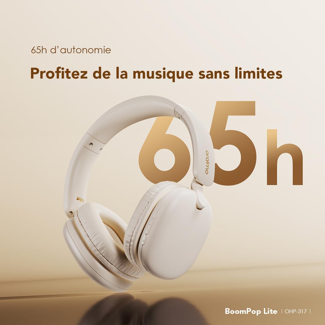 Oraimo BoomPop Lite Casque Bluetooth sans Fil, 65 h d'autonomie, Charge Rapide 10 Min = 10 h, Son Spatial Sound360, Micro ENC, Mode Jeu, Pliable, Bluetooth 5.3 + Jack 3,5 mm, USB-C