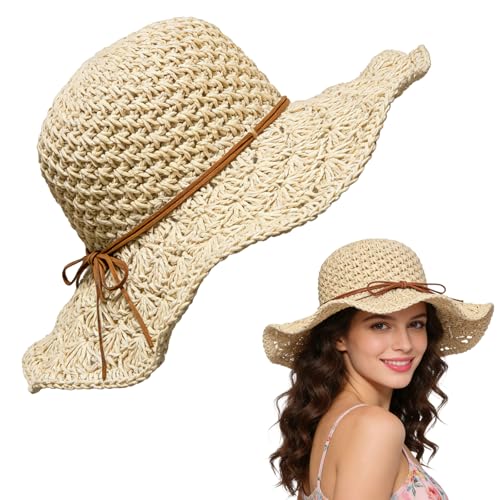 Lysjoy Sonnenhut Damen Strohhut Damen Sommer Sommerhut Damens Leicht Hut Damens Sommer Faltbar UV-Schutz Boho Sonnenhut für Strand Urlaub Reisen Outdoor-Aktivitäten (B-Beige)