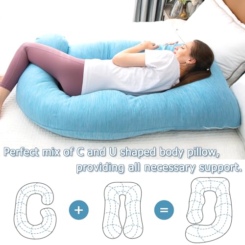 MOON PINE Pregnancy Pillow, U Shaped Full Body Pillow for Maternity Support, Sleeping Pillow with Cover for Pregnant Women (Light Blue)
