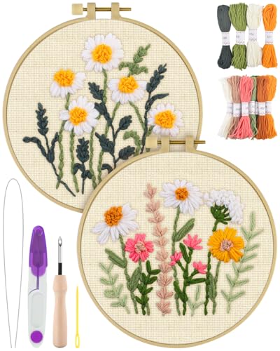 Image of ERKOON Punch Needle Kit Adults Beginners, 2 Pcs DIY Easy Flower Embroidery Set for Starter Art Craft, Needling Punching Project with Patterns, Tools, Yarns, Hoop, Instruction (Daisies)