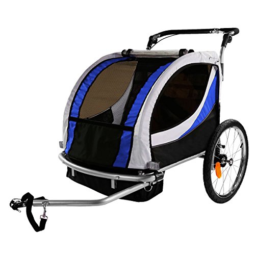 Clevr Deluxe 3-in-1 Double 2 Seat Bicycle Bike Trailer Jogger Stroller for Kids Children | Foldable w/Pivot Front Wheel, Blue - Thumbnail 7