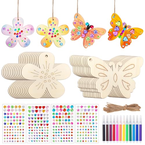 Kisvic Juego de manualidades para niños, 40 unidades, diseño de mariposa y flor, para cumpleaños, con lápiz de acuarela, pegatinas de piedras preciosas, cuerda decorativa