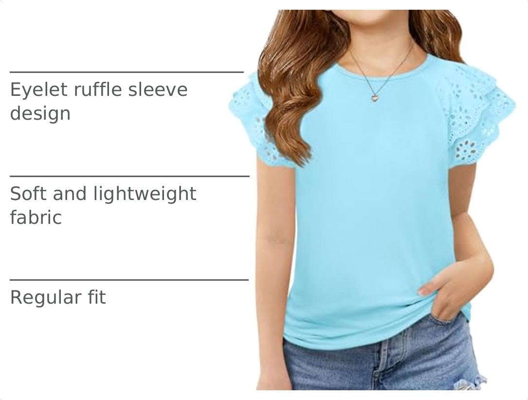 Haloumoning Girls Ruffle Sleeve T Shirts Summer Short Sleeve Casual Cute Crewneck Tops Tees 5-14 Years image 4