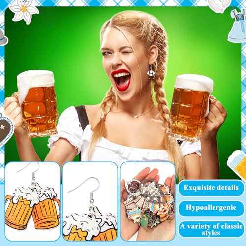 Nosiny 24 Pairs Wooden Oktoberfest German Salted Pretzel Earrings Beer Wine Mug Earrings for Women Funny German Oktoberfest Beer Festival Costumes Outfits Accessories for Women3