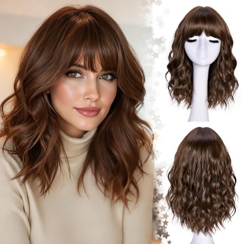 Perruque courte ondulée LIZZY marron foncé 45 cm avec frange