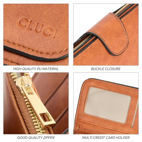Image of CLUCI Wallet For Women PU Leather RFID Blocking Womens Wallet Bifold Card Holder with ID Window Gifts for Women Birthday, Oil wax Two-toned Brown, Large, Fashion