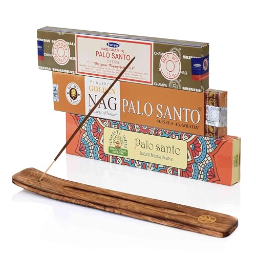 NKlaus Juego de varillas de incienso Palo Santo, Satya, Golden Nag & Namaste India + soporte de madera, 3 unidades con aroma natural de la India